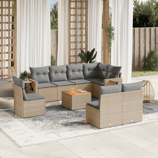 vidaXL 9 pcs conjunto de sofás p jardim com almofadões vime PE bege vidaXL 9 pcs conjunto de sofás p jardim com almofadões vime PE bege