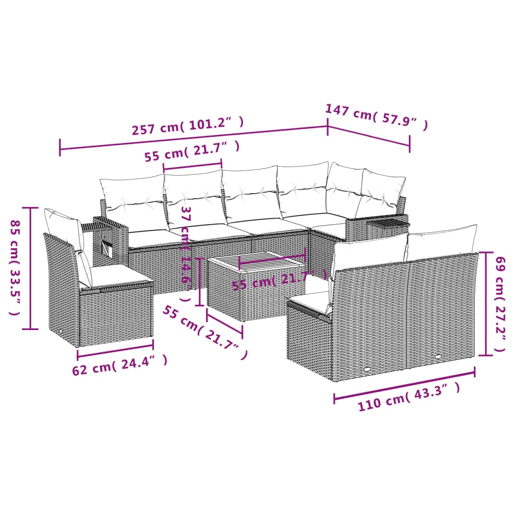 vidaXL 9 pcs conjunto de sofás p jardim com almofadões vime PE bege vidaXL 9 pcs conjunto de sofás p jardim com almofadões vime PE bege