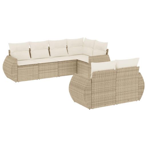 vidaXL 7 pcs conjunto de sofás p jardim com almofadões vime PE bege vidaXL 7 pcs conjunto de sofás p jardim com almofadões vime PE bege