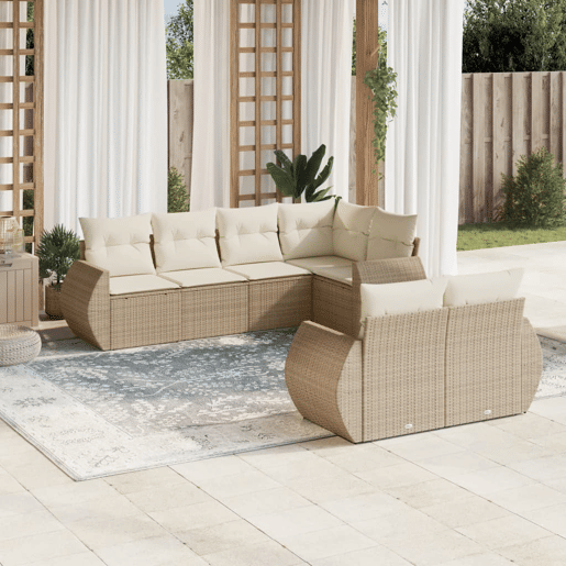 vidaXL 7 pcs conjunto de sofás p jardim com almofadões vime PE bege vidaXL 7 pcs conjunto de sofás p jardim com almofadões vime PE bege