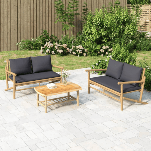 vidaXL Banco de jardim bambu com almofadões cinzento-escuro vidaXL Banco de jardim bambu com almofadões cinzento-escuro