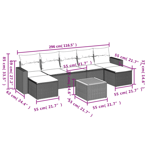 vidaXL 8 pcs conjunto sofás de jardim c almofadões vime PE cinzento