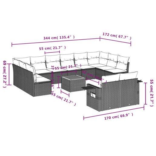vidaXL 13 pcs conjunto sofás p jardim c almofadões vime PE cinzento