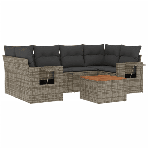 vidaXL 7 pcs conjunto sofás p jardim c almofadões vime PE cinzento vidaXL 7 pcs conjunto sofás p jardim c almofadões vime PE cinzento