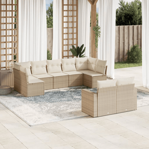 vidaXL 9 pcs conjunto de sofás p jardim com almofadões vime PE bege vidaXL 9 pcs conjunto de sofás p jardim com almofadões vime PE bege