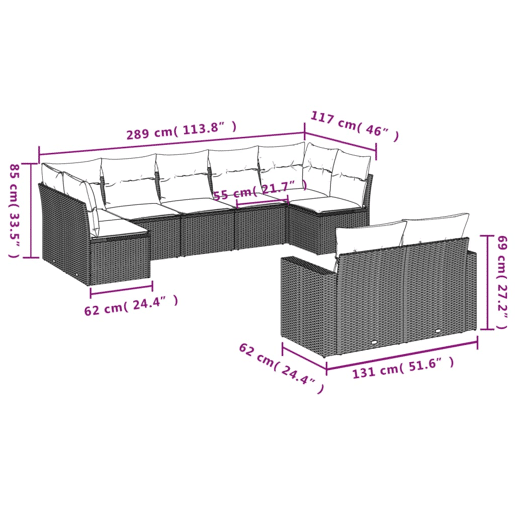 vidaXL 9 pcs conjunto de sofás p jardim com almofadões vime PE bege vidaXL 9 pcs conjunto de sofás p jardim com almofadões vime PE bege