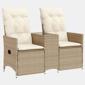 vidaXL Sofá de jardim reclinável 2 lugares com mesa vime PE bege