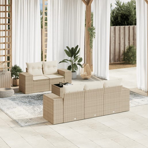 vidaXL 6 pcs conjunto de sofás p jardim com almofadões vime PE bege vidaXL 6 pcs conjunto de sofás p jardim com almofadões vime PE bege