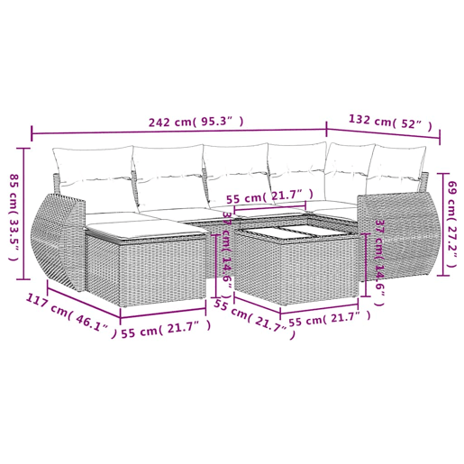vidaXL 7 pcs conj. sofás jardim com almofadões vime PE cinzento-claro