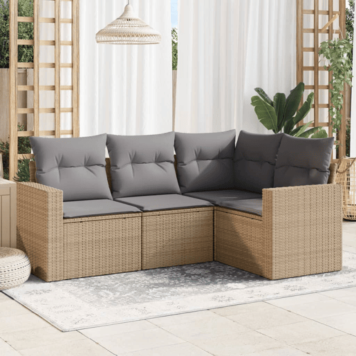 vidaXL 4 pcs conjunto de sofás para jardim c almofadões vime PE bege vidaXL 4 pcs conjunto de sofás para jardim c almofadões vime PE bege