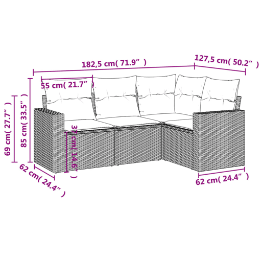 vidaXL 4 pcs conjunto de sofás para jardim c almofadões vime PE bege vidaXL 4 pcs conjunto de sofás para jardim c almofadões vime PE bege