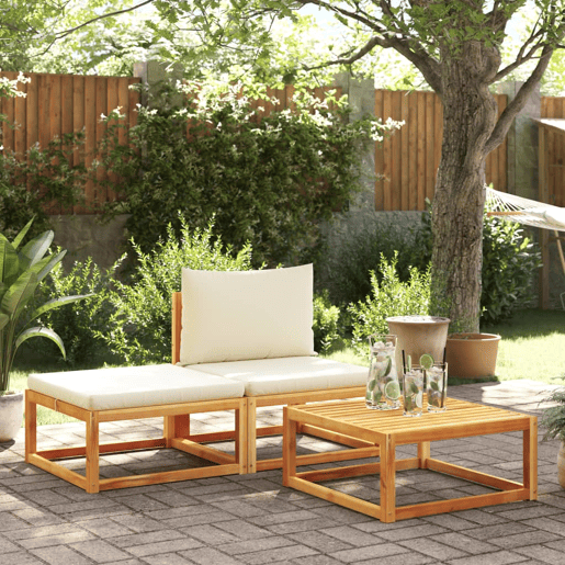 vidaXL Conjunto de sofás de jardim vidaXL de 3 peças com almofadas de madeira de acácia e corda