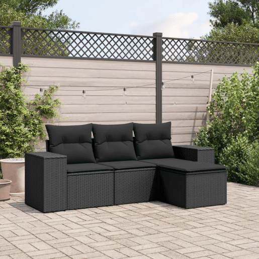 vidaXL 4 pcs conjunto de sofás para jardim c almofadões vime PE preto vidaXL 4 pcs conjunto de sofás para jardim c almofadões vime PE preto