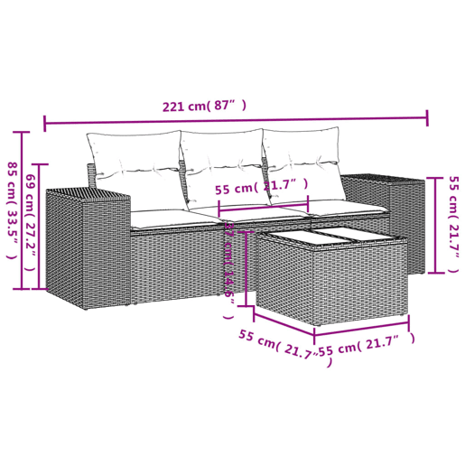 vidaXL 4 pcs conjunto sofás de jardim c almofadões vime PE castanho