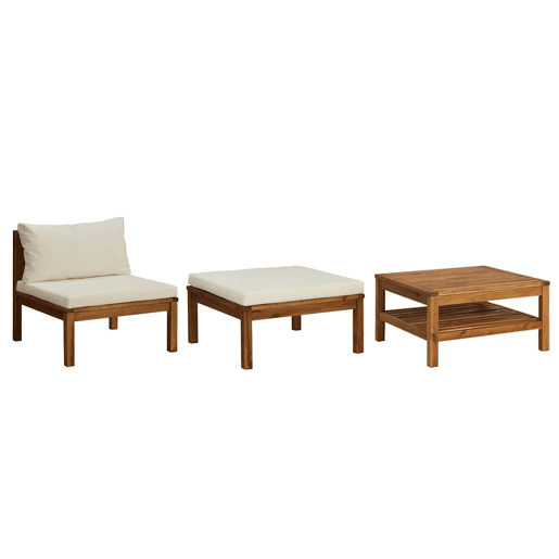 vidaXL 3 pcs conj. lounge de jardim c almofadões branco nata acácia