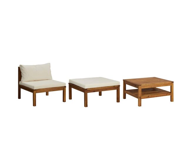 Vidaxl muebles de jardín 3 pzas cojines blanco crema madera de acacia