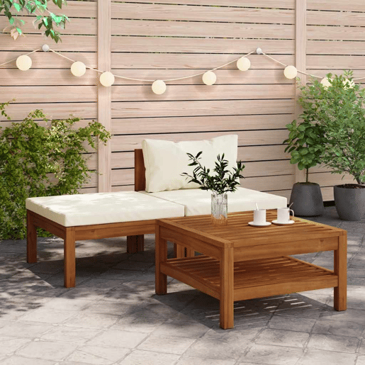 vidaXL 3 pcs conj. lounge de jardim c almofadões branco nata acácia