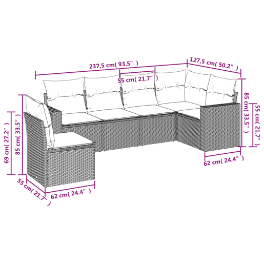 vidaXL 6 pcs conjunto de sofás p jardim com almofadões vime PE bege