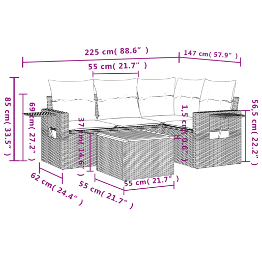 vidaXL 5 pcs conjunto sofás de jardim com almofadões vime PE preto