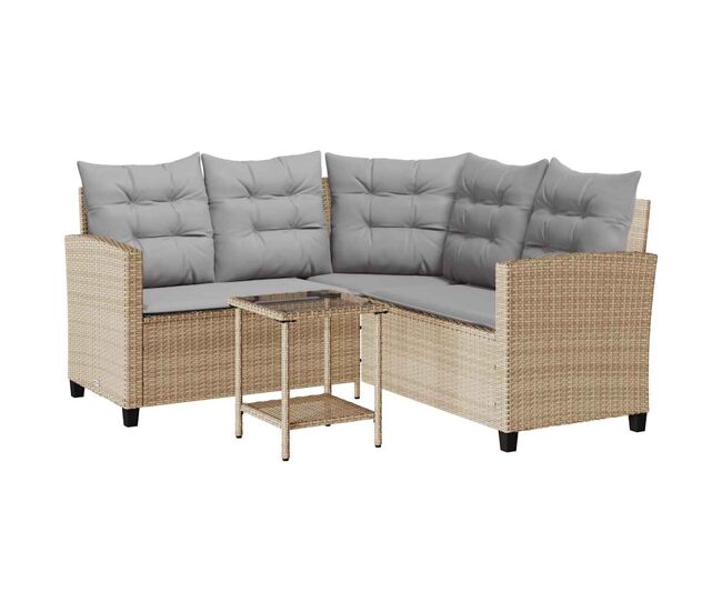 Vidaxl sofá de jardín en forma de l con mesa y cojines ratán pe beige
