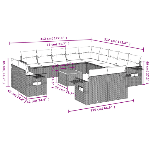 vidaXL 14 pcs conjunto de sofás p jardim c almofadões vime PE preto