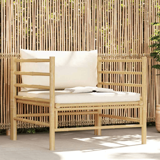 vidaXL Sofá de jardim em bambu com almofadões branco nata vidaXL Sofá de jardim em bambu com almofadões branco nata