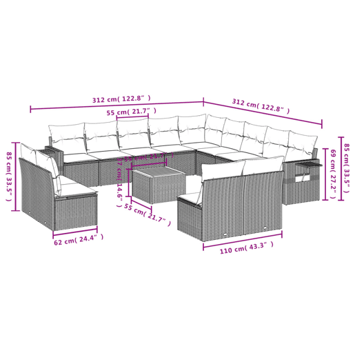 vidaXL 14 pcs conjunto de sofás p jardim c almofadões vime PE preto vidaXL 14 pcs conjunto de sofás p jardim c almofadões vime PE preto