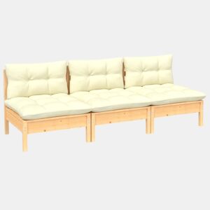 vidaXL Sofá de jardim 3 lugares com almofadões cor creme pinho maciço