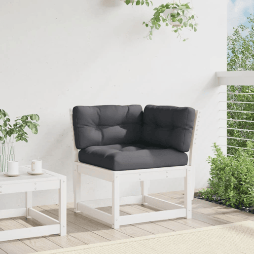 vidaXL Sofá de canto para jardim com almofadões pinho maciço branco vidaXL Sofá de canto para jardim com almofadões pinho maciço branco