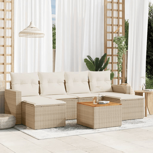 vidaXL 7 pcs conjunto de sofás p jardim com almofadões vime PE bege vidaXL 7 pcs conjunto de sofás p jardim com almofadões vime PE bege