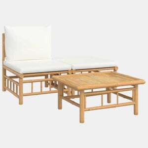 vidaXL 3 pcs conjunto lounge de jardim bambu c almofadões branco nata