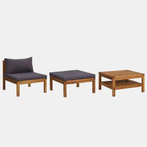 vidaXL 3 pcs conj. lounge de jardim c almofadões cinza-escuro acácia