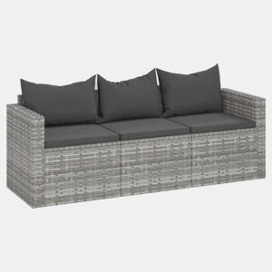 vidaXL Sofá de jardim de 3 lugares com almofadões vime PE cinzento