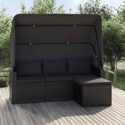vidaXL Sofá de jardim de 3 lugares c tetoapoio de pés vime PE preto vidaXL Sofá de jardim de 3 lugares c tetoapoio de pés vime PE preto
