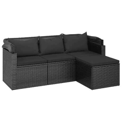 vidaXL Sofá de jardim de 3 lugares c tetoapoio de pés vime PE preto vidaXL Sofá de jardim de 3 lugares c tetoapoio de pés vime PE preto