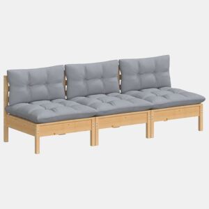 vidaXL Sofá de jardim 3 lugares com almofadões cinzentos pinho maciço