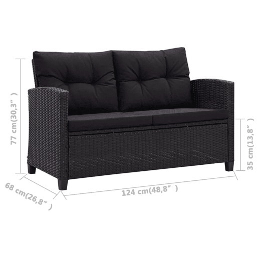 vidaXL Sofá de jardim 2 lugares com almofadões 124 cm vime PE preto