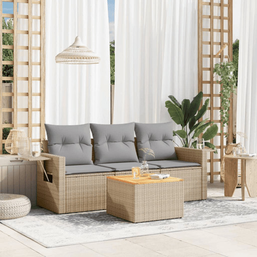 vidaXL 4 pcs conjunto de sofás para jardim c almofadões vime PE bege vidaXL 4 pcs conjunto de sofás para jardim c almofadões vime PE bege