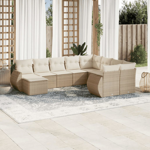 vidaXL 10 pcs conjunto de sofás p jardim com almofadões vime PE bege vidaXL 10 pcs conjunto de sofás p jardim com almofadões vime PE bege