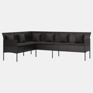 vidaXL Sofá em forma de L p jardim c almofadões vime PE preto