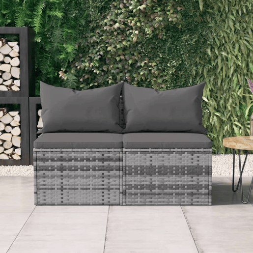 vidaXL Sofás de centro p jardim c almofadões 2 pcs vime PE cinzento vidaXL Sofás de centro p jardim c almofadões 2 pcs vime PE cinzento
