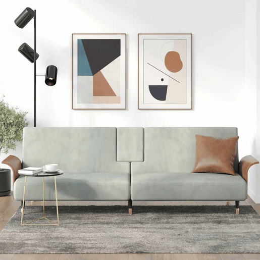 vidaXL Sofá-cama com suportes para copos veludo cinzento-claro vidaXL Sofá-cama com suportes para copos veludo cinzento-claro