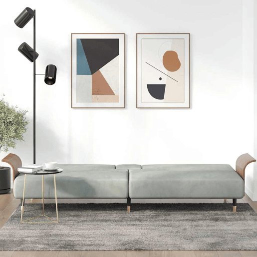 vidaXL Sofá-cama com suportes para copos veludo cinzento-claro vidaXL Sofá-cama com suportes para copos veludo cinzento-claro