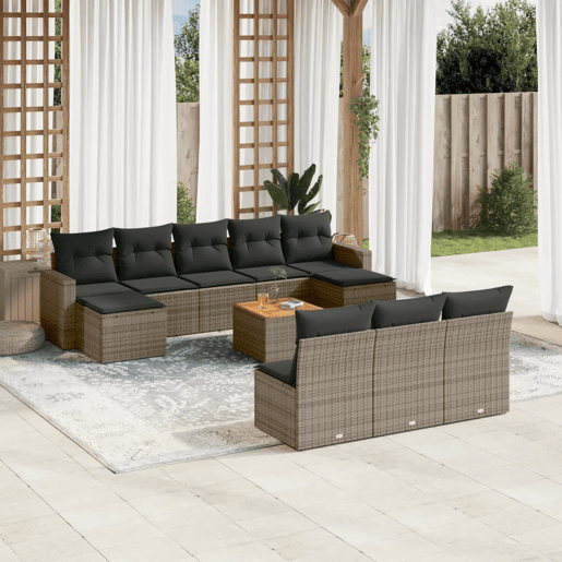 vidaXL 11 pcs conjunto sofás de jardim c almofadões vime PE cinzento vidaXL 11 pcs conjunto sofás de jardim c almofadões vime PE cinzento