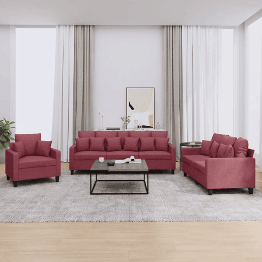 vidaXL 3 pcs conjunto de sofás com almofadas tecido vermelho-tinto vidaXL 3 pcs conjunto de sofás com almofadas tecido vermelho-tinto