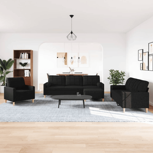 vidaXL 4 pcs conjunto de sofás c almofadasapoio pés tecido preto vidaXL 4 pcs conjunto de sofás c almofadasapoio pés tecido preto