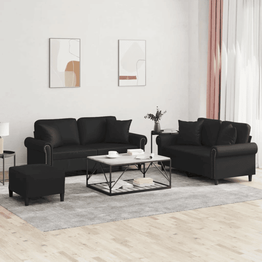 vidaXL 3 pcs conjunto de sofás com almofadas couro artificial preto