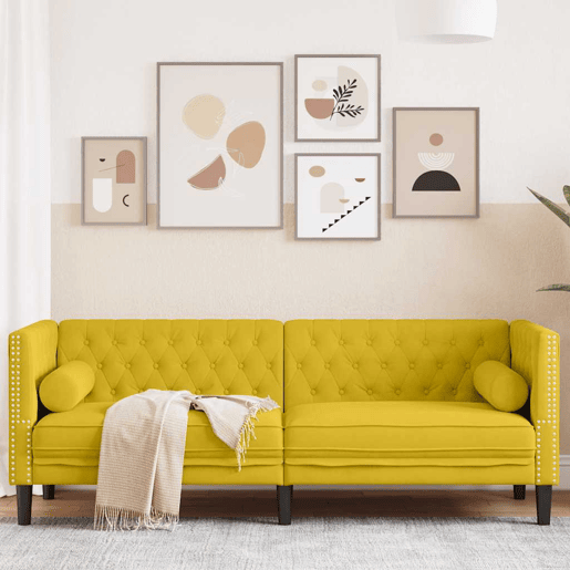 vidaXL Sofá chesterfield com rolos 3 lugares veludo amarelo