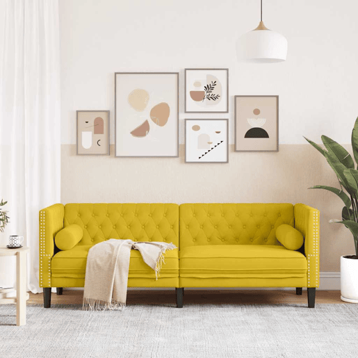 vidaXL Sofá chesterfield com rolos 3 lugares veludo amarelo