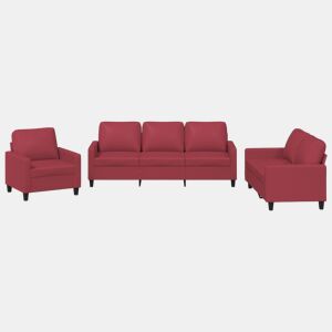 vidaXL 3 pcs conjunto sofás c almofadões couro artif. vermelho tinto